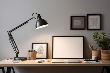 Desk with lamp, stationery, and computer with blank screen close to a bright wall. Generative AI