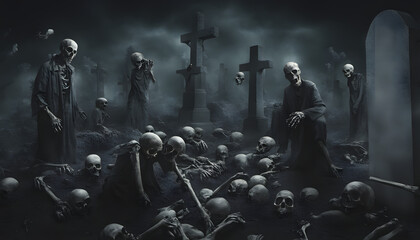 Halloween background Spooky forest, Graves, headstones, skeletons and crosses. Happy Halloween. Feast of the Dead 