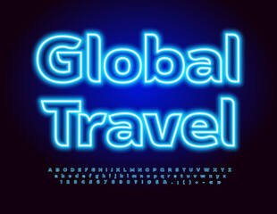 Obraz premium Vector Neon Logo Global Travel. Blue Electric Font. Glowing Alphabet Letters and Numbers