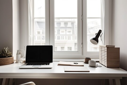 Cropped image of contemporary office with white desk next to window, blank screen laptop, camera, and decorations. Generative AI