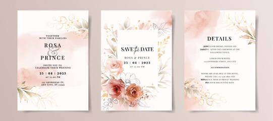 Fototapeta na wymiar Set of watercolor wedding invitation card template with red and peach floral and leaves decoration 