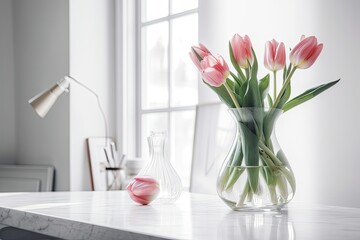 Decorated interior of a home. A vase of pink tulips against a white background. Generative AI