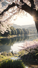 Beautiful Lake Side View with Cherry Blossom Theme Wallpaper