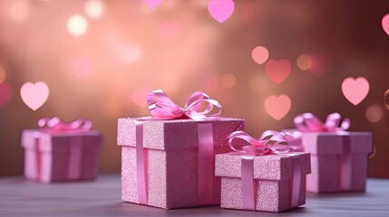 Beautiful pink gift boxes with ribbons with of pink bokeh in the shape of hearts. Festive background. Concept of Valentine's Day. AI generated