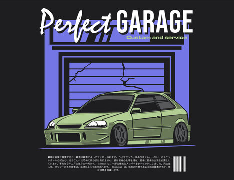 90s vehicle image vector with garage illustration behind