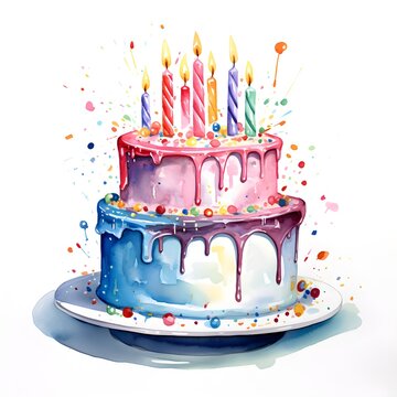 Birthday cake with candles watercolor illustration isolated on white background created with Generative AI technology