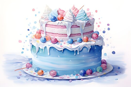 Birthday cake watercolor illustration isolated on white background created with Generative AI technology