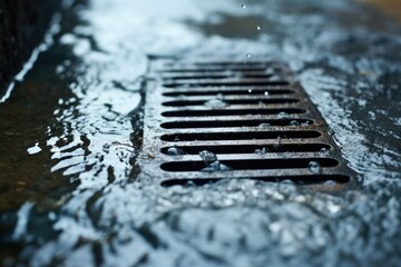 Close-up of water flowing into a storm drain grate on a highway. - obrazy, fototapety, plakaty