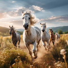 Obraz premium Dynamic horse running in the meadow, Created with generative AI