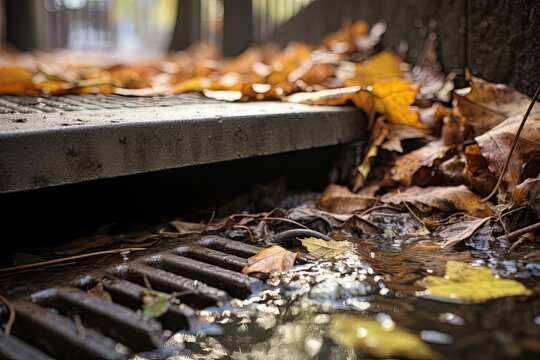 Close-up of water flowing into a storm drain grate with yellow leaves in the background.