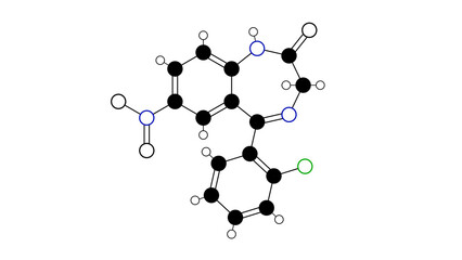 clonazepam molecule, structural chemical formula, ball-and-stick model, isolated image benzodiazepines