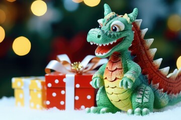 A green wooden dragon with Christmas gifts with a bow on the snow with blurry lights in the background.