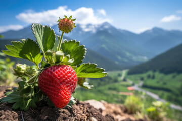 Strawberry plant with a mountain in the background