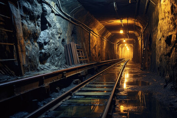 A dark underground mine tunnel with a railway track running through it. The tunnel is lit by a series of yellow lights that fade into the distance.