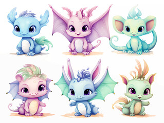Baby dinosaur dragons watercolor clipart set. Colorful pastel clipart for crafts, invitations, cards, art projects.