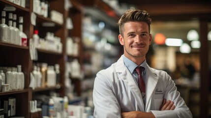 Portrait of confident male pharmacist standing with arms crossed in drugstore.