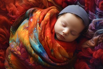 A newborn baby wrapped snugly in a colorful swaddle, portraying comfort, protection, and the vivid beauty of new life