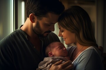 An intimate moment as new parents gaze at their newborn baby for the first time, an embodiment of love, joy, and anticipation of the journey ahead