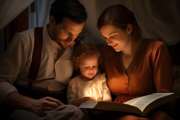 A cozy scene of new parents reading a bedtime story to their newborn baby, highlighting the warmth, love, and nurturing environment of family life