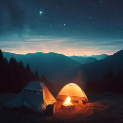 a tent with a campfire outside in the mountains on a beautiful night with constellations in the sky