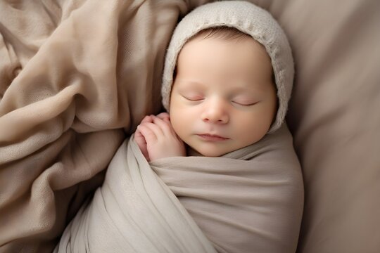 A peaceful image of a newborn baby sleeping soundly, swaddled in a soft blanket, epitomizing innocence and the beginnings of a new life
