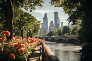 Tuinposter Dorado skyline reflects on the tranquil river as vibrant flowers bloom in the nearby park, creating a picturesque view that exudes serenity and natural beauty on sunny day © Tony
