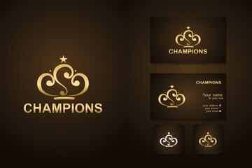 champion logo design vector template and business card with editable text