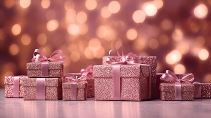 Festive background, sparkling pink gift boxes, pink gold gradient background with bokeh. Boxing day