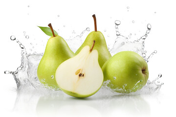 Fototapeta na wymiar Three green pears with water splashing on them. Water or juice splash on white background