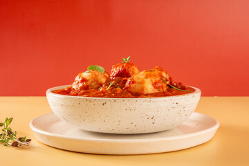Delicious Gnocchi with Red Sauce and Basil served in a White textured Handmade Ceramic Bowl in a beige and red warm background in front view