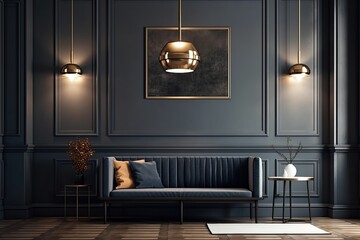 Interior in a contemporary classic double color with seats, a lamp, a table, wall panels, and a wooden floor. mock up for an illustration. Generative AI