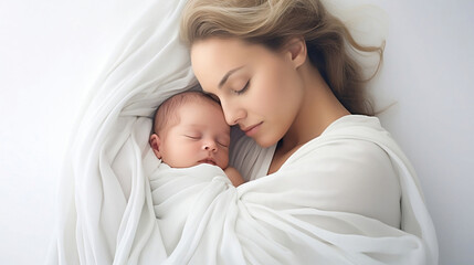 
Beautiful young mother with her newborn baby sleeping on a white blanket.
