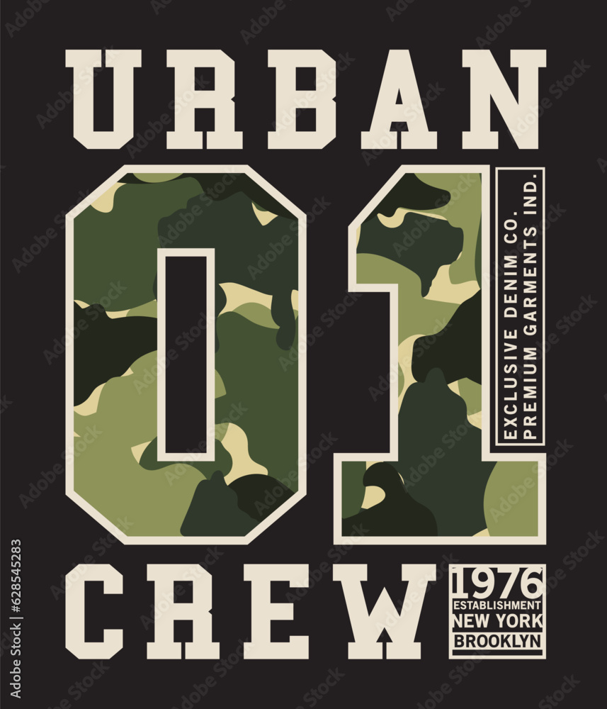 Poster tee print design with varsity font and camouflage pattern as vector