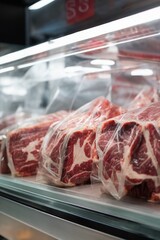 Meat shop showcase,  Beef packed in Transparent food grain Plastic Bag, AI Generative