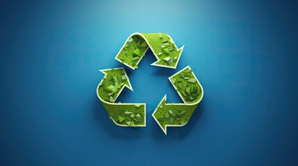 Green recycle symbol made out of green's elements, on blue background with copy space. AI generated - obrazy, fototapety, plakaty