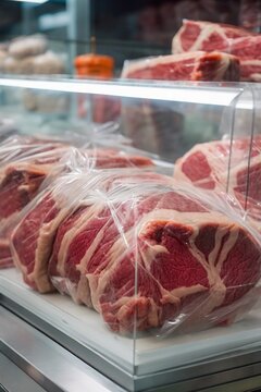 Meat shop showcase,  Beef packed in Transparent food grain Plastic Bag, AI Generative
