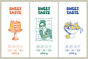 Vector hand drawn food and drinks packaging label design templates for cafe or restaurant
