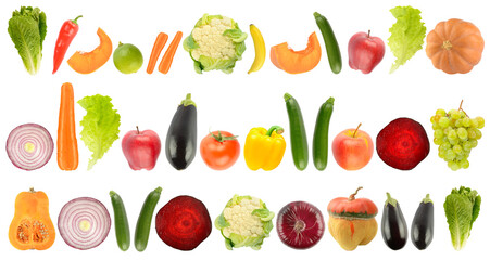 Background of vegetables and fruits isolated on white