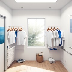 Fototapeta na wymiar T-shirts hanging on hanger in room