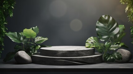 Abstract minimal concept. Dark background with natural stone podium and plants around. Layout template for product presentation