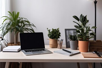 houseplants and a mock up laptop. Generative AI