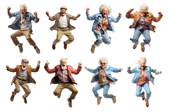 Collection of seniors jumping with joy on transparent background.