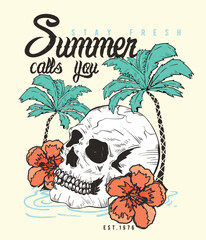 summer style tee print design with skull and palm drawing