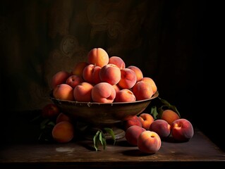 AI generated illustration of a pile of fresh, ripe peaches in a ceramic bowl