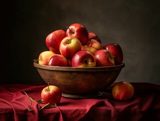 AI generated illustration of a pile of fresh, ripe applein a ceramic bowl