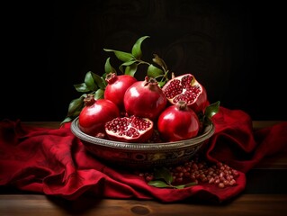 AI generated illustration of a pile of fresh, ripe pomegranates in a ceramic bowl - Powered by Adobe
