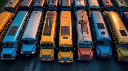 AI generated illustration of a row of buses parked in a lot illuminated by the warm morning sun