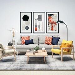 an empty room with art and furniture in neutral colors, with a large, colorful