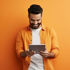 AI-generated illustration of A Caucasian man on a yellow background looking at his tablet