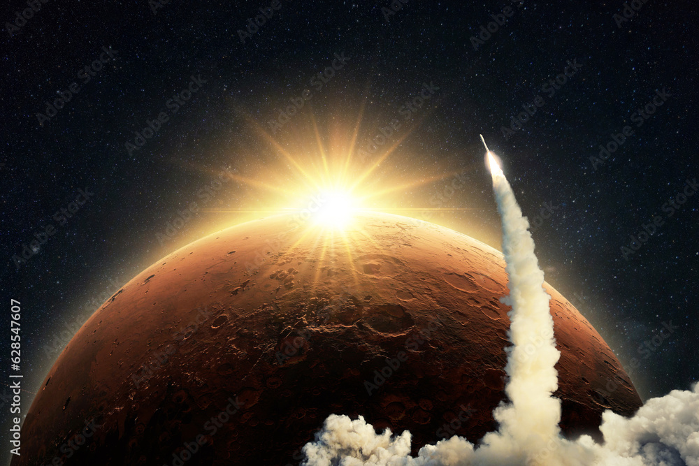 Poster New space shuttle rocket with a blast and smoke takes off into space on background of the red planet Mars and sunrise light. Concept of technology and travel to Mars. Spaceship lift off
